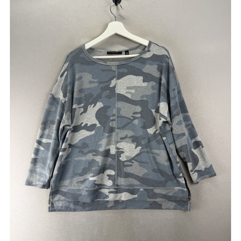 Cyrus 1X Plus Size Blue Gray Camo Pullover Top Relaxed Fit Long Sleeve